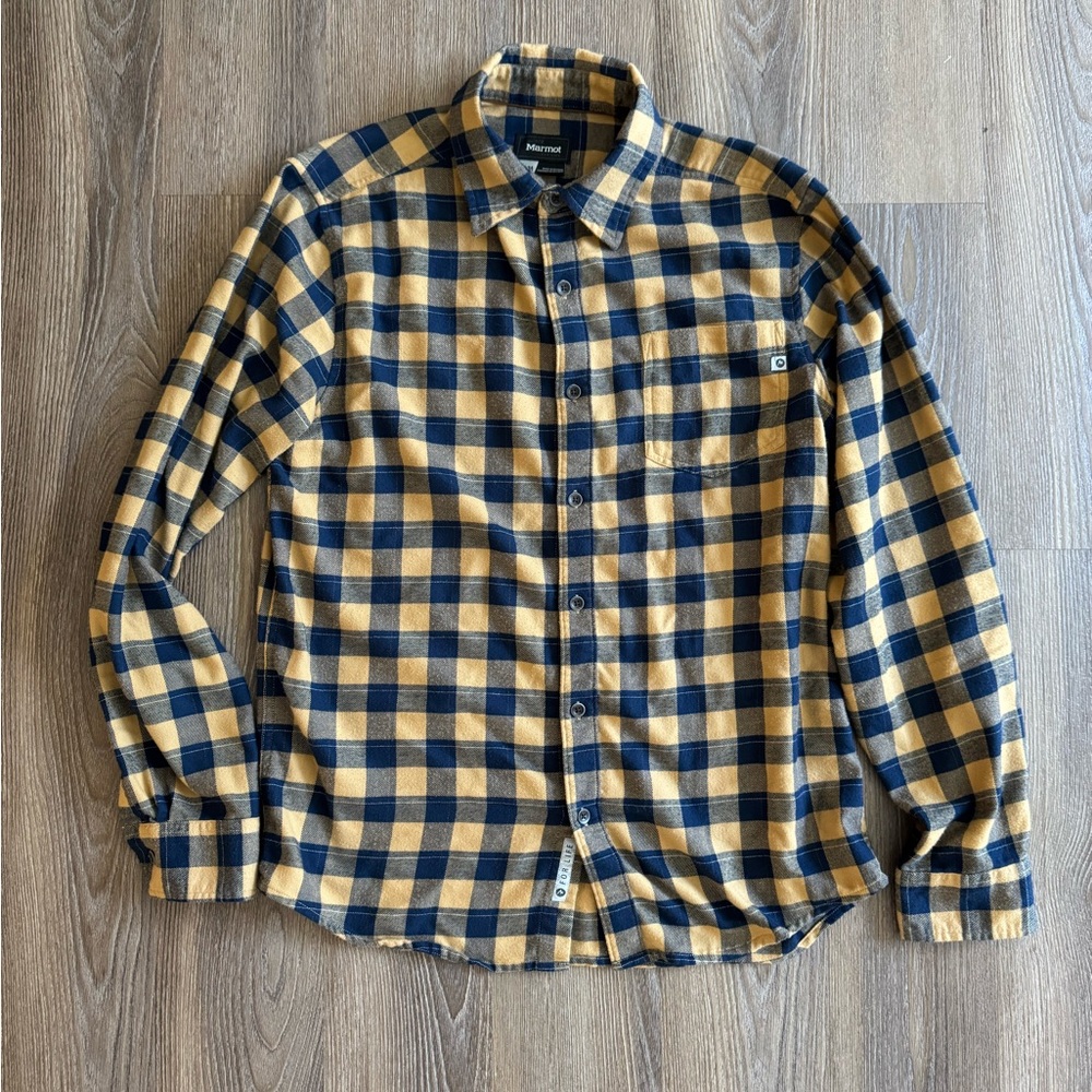 Marmot Men’s Flannel - Size medium, Gold/Navy Blue